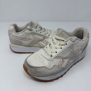 Kids Reebok Classic Leather Leopard Print Sneakers Shoes Size 13 White Tan
